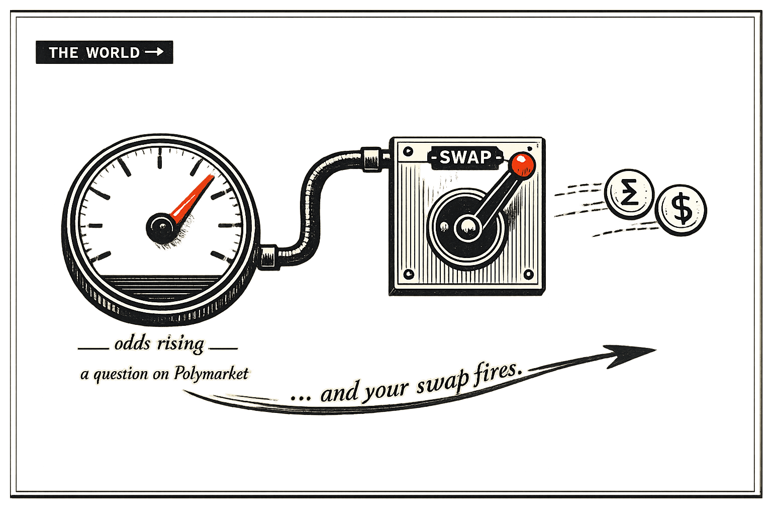 A pressure gauge wired to a swap lever firing tokens when the odds rise on a Polymarket question