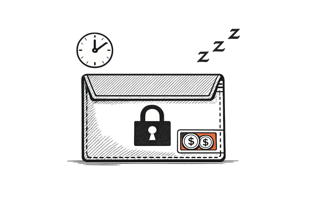 A wallet padlocked with sleep marks and a clock