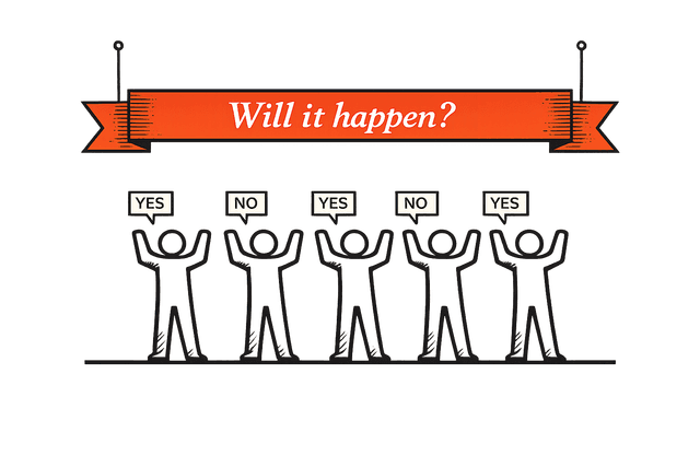 A row of figures voting under a banner asking 'Will it happen?'